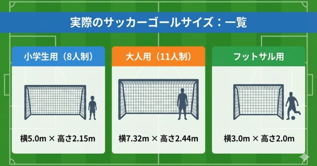 サッカーゴール（大人用、小学生用、フットサル用）の公式サイズ一覧図解。