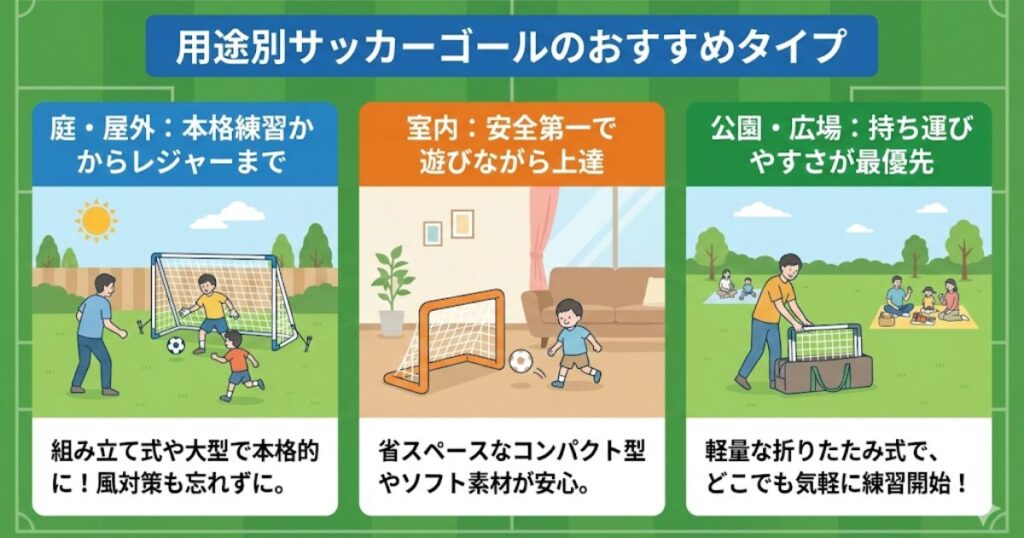 サッカーゴールのおすすめタイプ比較図（庭・屋外用、室内用、公園・広場用）のイラスト。