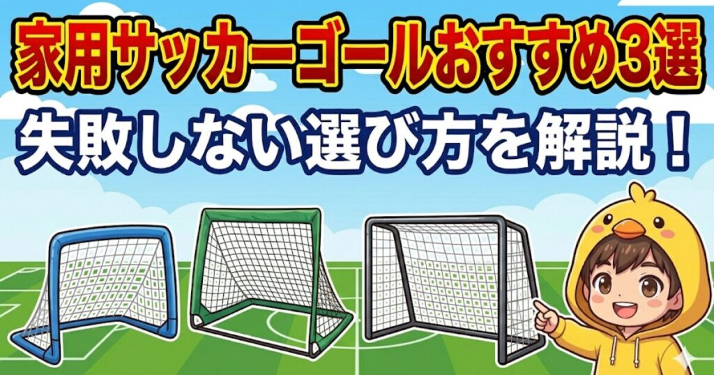 晴天のサッカースタジアムを背景に、「家用サッカーゴールおすすめ3選」と「失敗しない選び方を解説！」という大きな日本語テキストが入ったアイキャッチ画像。