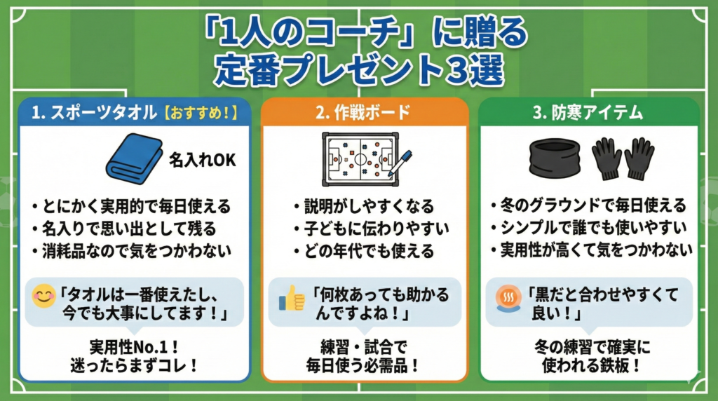 「1人のコーチ」に贈る定番プレゼント3選をまとめた図解
