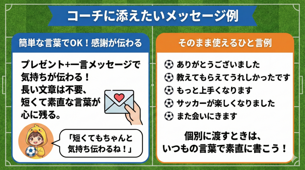 【図解】コーチへのプレゼントに添えるメッセージ例文集。短く感謝を伝えるコツと実例を紹介。
