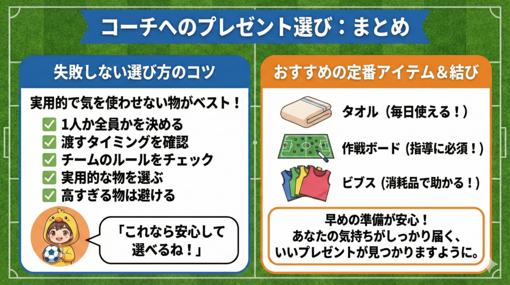 【図解】サッカーコーチへのプレゼント選びまとめ。失敗しないためのコツ(実用性や相場)と、タオル・作戦ボードなどの定番アイテムを紹介。