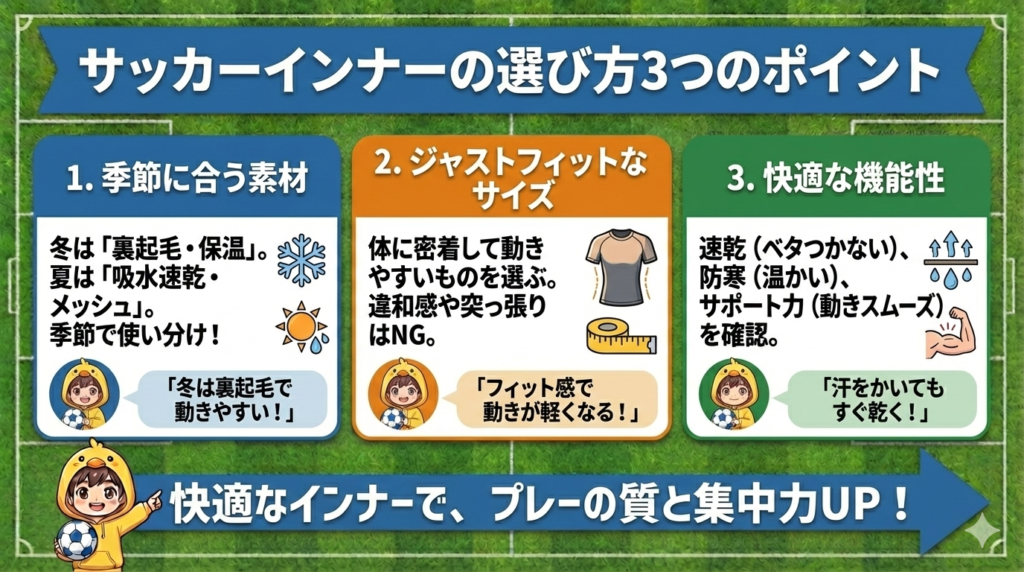 【図解】サッカーインナーの選び方3つのポイント。季節（冬は裏起毛、夏は吸水速乾）に合った素材選び、ジャストフィットなサイズ感、快適な機能性（速乾・防寒・サポート力）のチェック方法を解説。