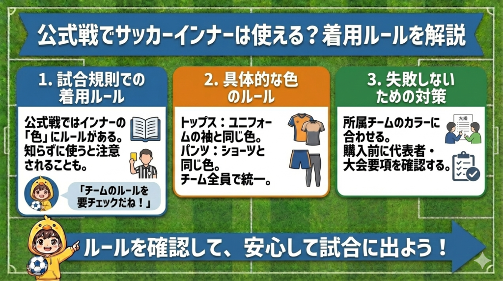 【図解】公式戦でのサッカーインナー着用ルール解説。試合規則における色の規定（ユニフォームの袖・ショーツと同色、チーム統一）と、失敗しないための対策（チームカラー確認、代表者・大会要項への確認）を説明。