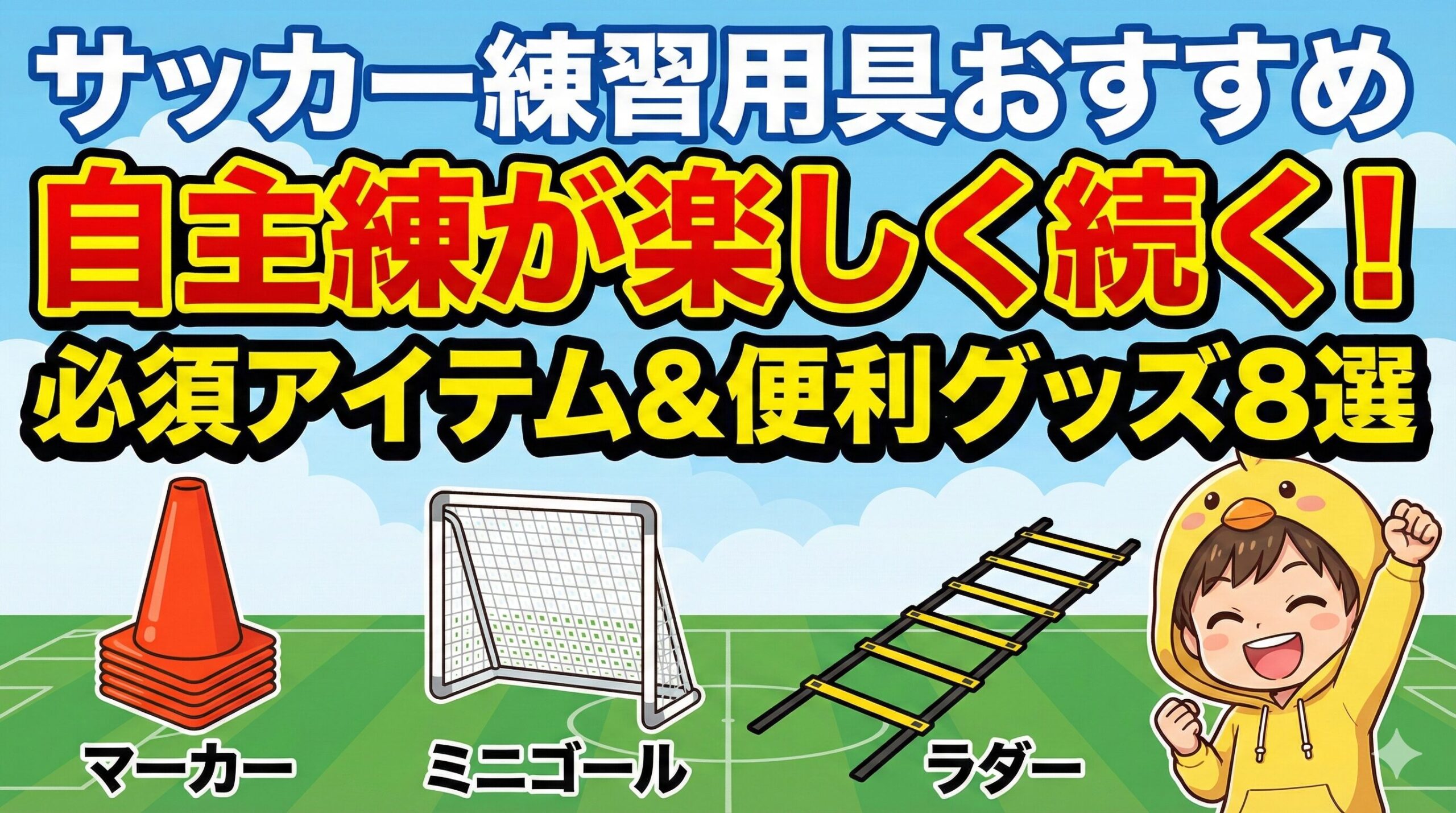 サッカー自主練が楽しく続くおすすめ練習用具8選。ミニゴールやマーカー、ラダー等の必須グッズを、ヒヨコパーカーの男の子が紹介。