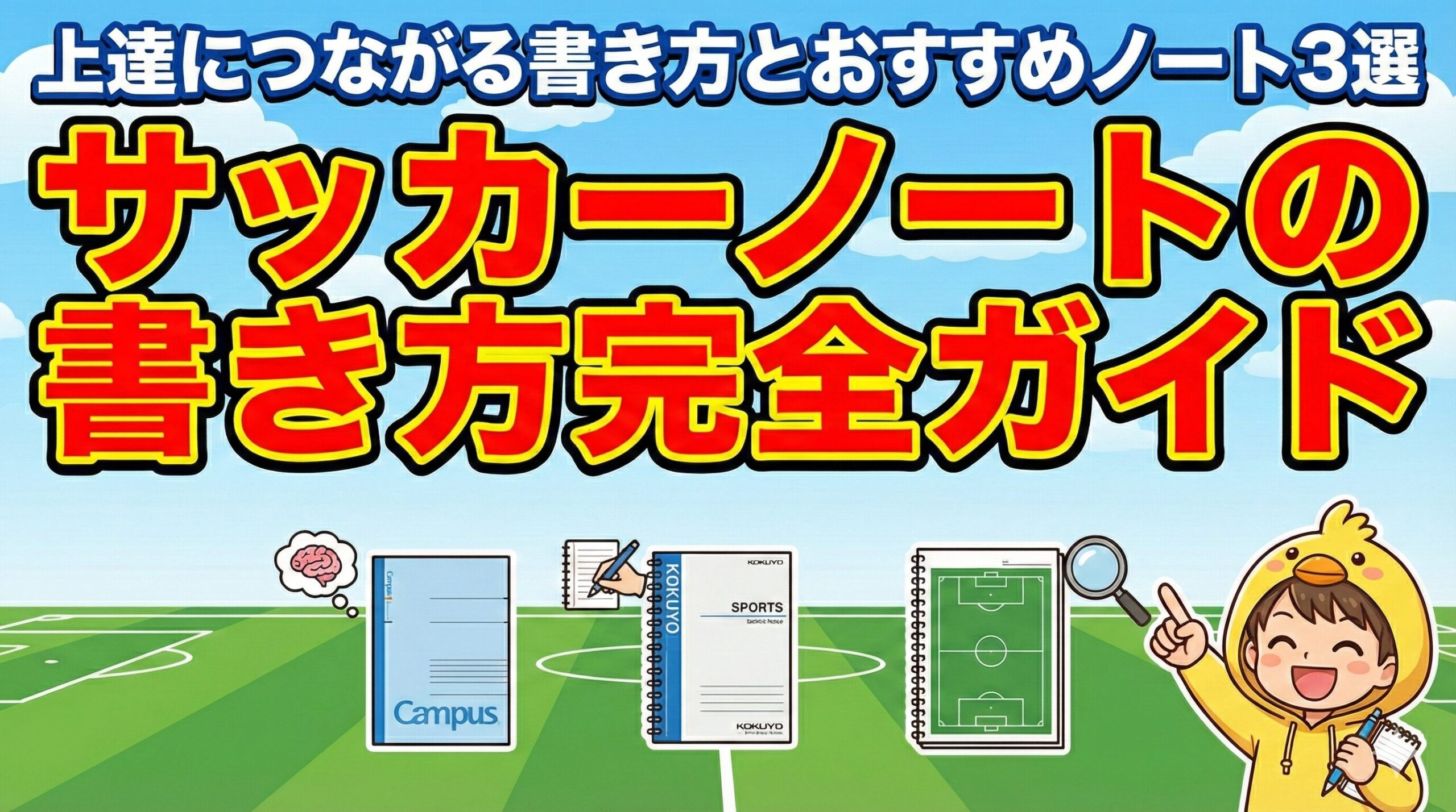 サッカーノートの書き方完全ガイド。上達につながる思考・記録・振り返りのプロセスと、おすすめノート3選（キャンパス、KOKUYO等）をヒヨコパーカーの男の子が紹介。