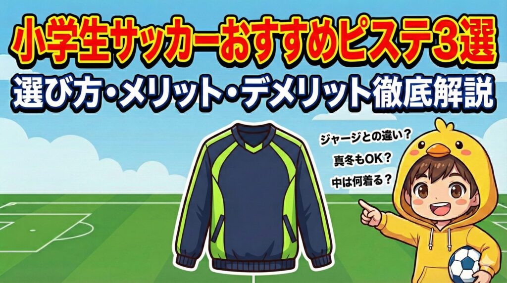 小学生サッカーおすすめピステ3選。選び方やメリット・デメリットを解説。プルオーバー型のピステイラストと、ジャージとの違い等を疑問に思うヒヨコパーカーの男の子。