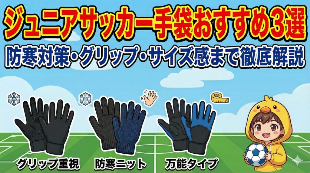 ジュニアサッカー手袋おすすめ3選。グリップ重視・防寒ニット・万能タイプの3種類の手袋と、ボールを持ったヒヨコパーカーの男の子のイラスト。