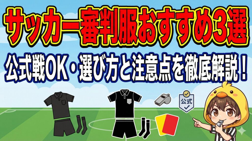 「サッカー審判服おすすめ3選」アイキャッチ。公式戦対応の審判服3選と、案内するヒヨコパーカーの男の子。