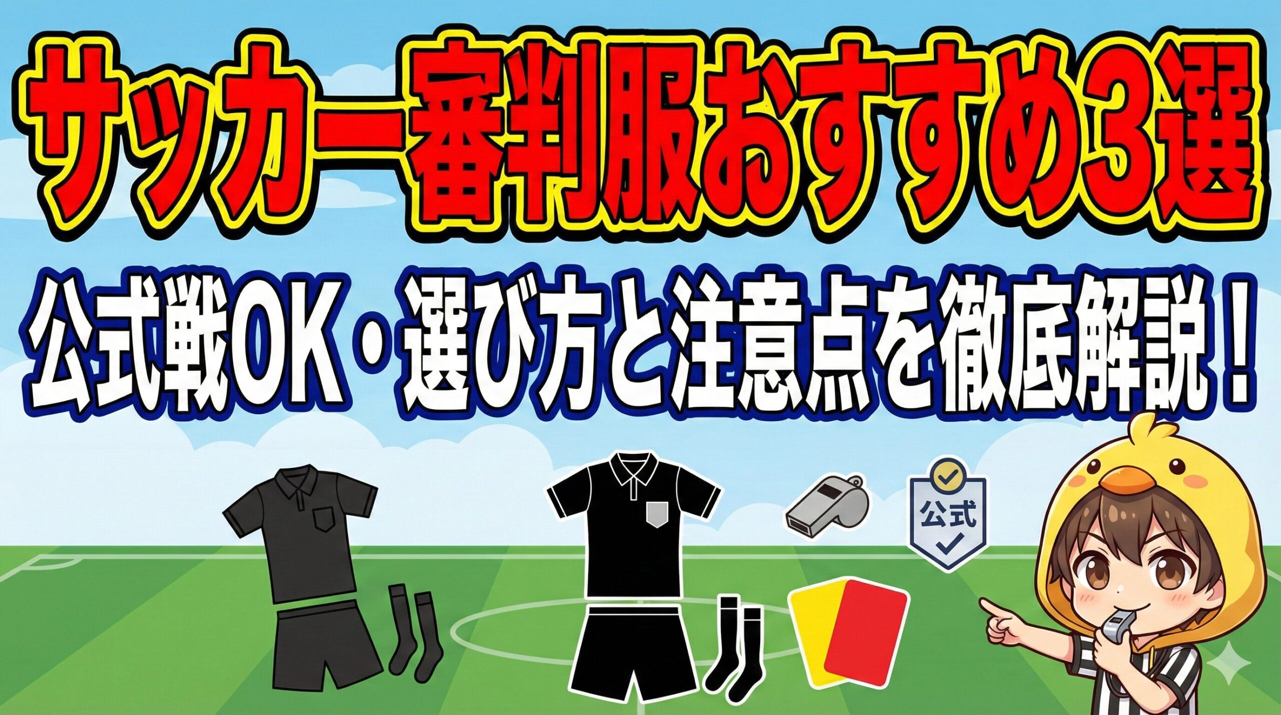 「サッカー審判服おすすめ3選」アイキャッチ。公式戦対応の審判服3選と、案内するヒヨコパーカーの男の子。