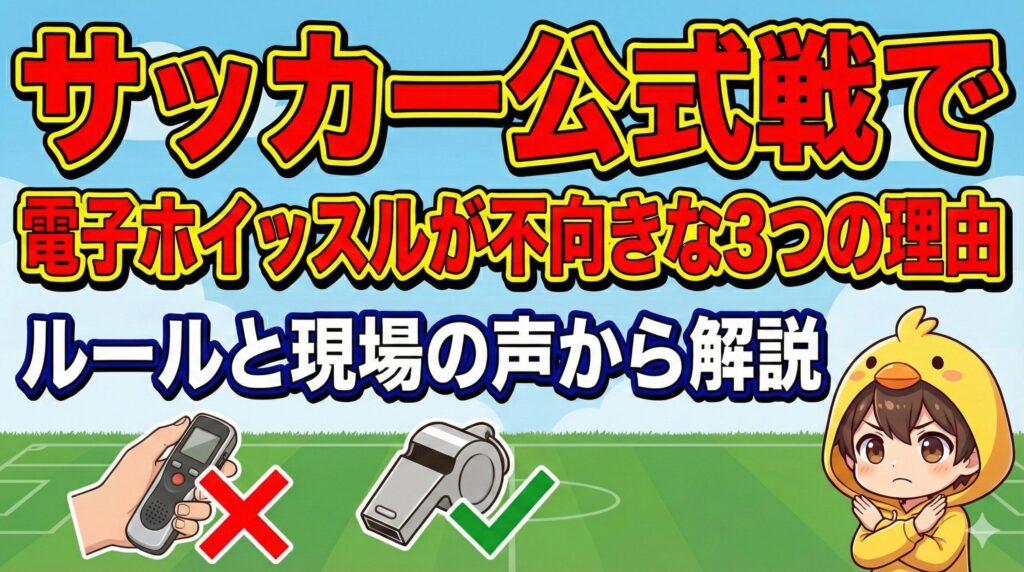 「サッカー公式戦で電子ホイッスルが不向きな3つの理由」アイキャッチ。電子ホイッスルに×印、通常の笛に〇印。ヒヨコパーカーの男の子がダメのポーズ。