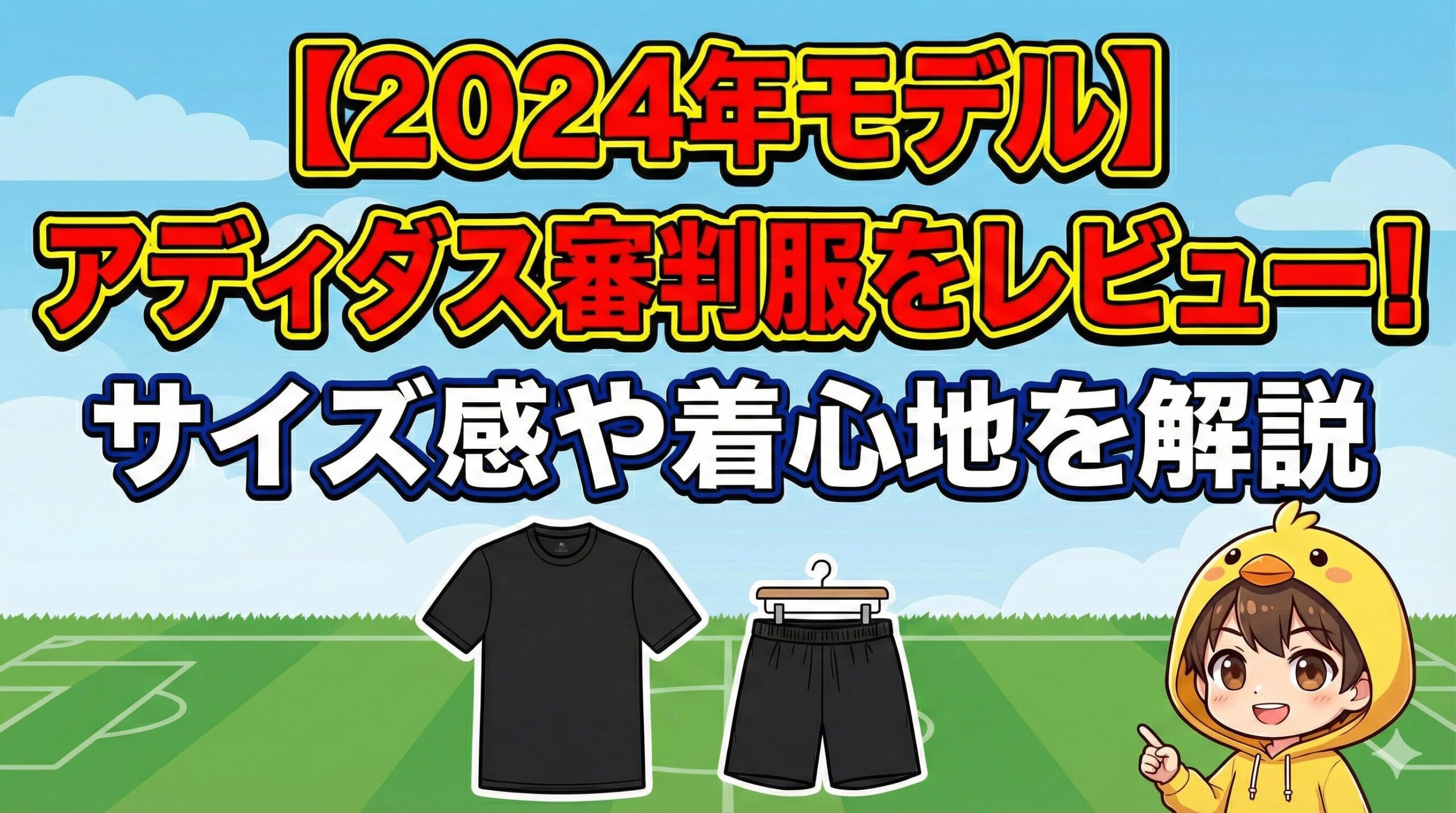 ブログ記事「【2024年モデル】アディダス審判服をレビュー！」アイキャッチ。ロゴなしの黒い審判服上下のイラストと、サイズ感や着心地を解説するヒヨコパーカーの男の子。