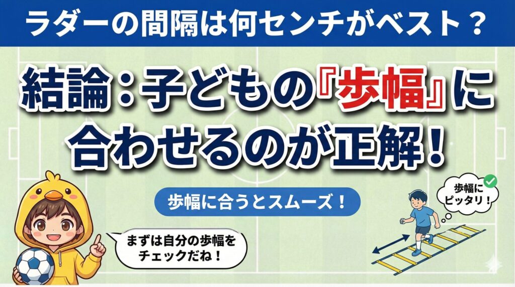 サッカーのラダートレーニングの間隔は「子どもの歩幅」に合わせるのが正解。無理なくスムーズに動ける距離の目安と、年齢別の調整ポイントを解説したアイキャッチ画像。