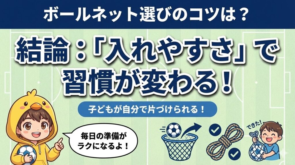 サッカーボールネット選びのコツは「入れやすさ」が最重要であることを解説したアイキャッチ画像。子どもが自分で片付けられて、習慣化につながる選び方のポイント（広口、絡まない紐など）を紹介。