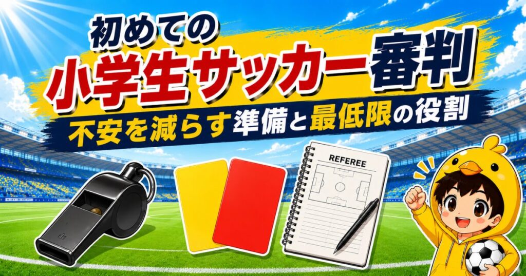 初めて小学生サッカーの審判を担当する保護者向けに、不安を減らす準備と最低限の役割をわかりやすく紹介するアイキャッチ画像