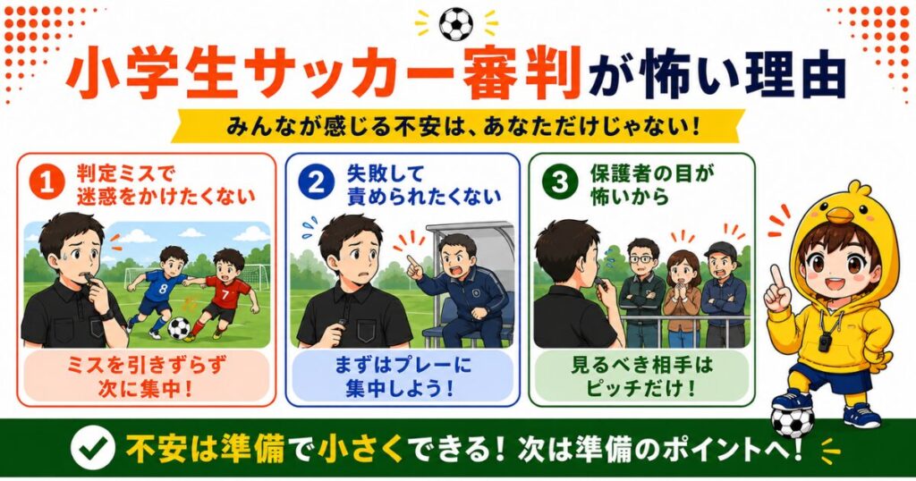 小学生サッカー審判が怖い理由をまとめた図解。判定ミスへの不安、失敗して責められたくない気持ち、保護者の目が気になるプレッシャーを紹介し、不安は準備で小さくできることを伝えている。