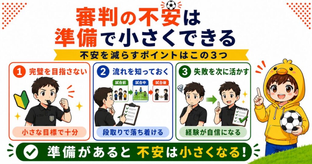 小学生サッカー審判の不安を準備で小さくするポイントをまとめた図解。完璧を目指さない、試合全体の流れを把握する、失敗を次に活かすの3つをイラスト付きで紹介している。