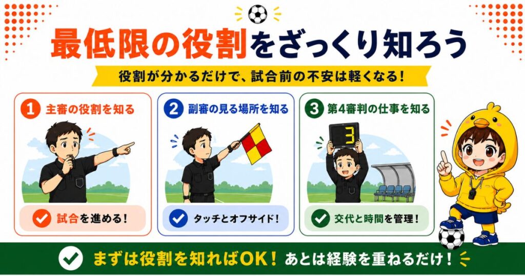 小学生サッカー審判の最低限の役割をまとめた図解。主審は試合を進める、副審はタッチとオフサイドを見る、第4審判は交代と時間を管理することをわかりやすく紹介している。