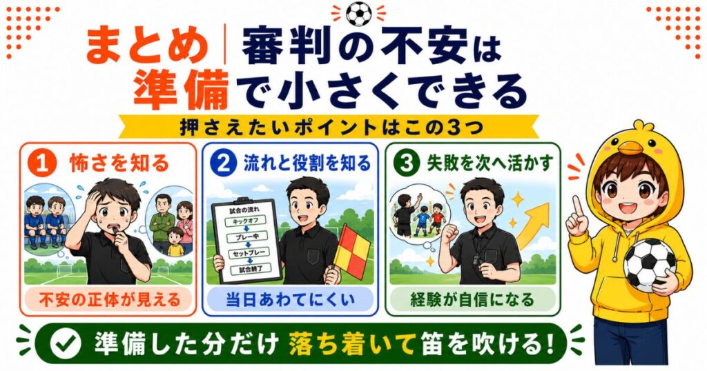 審判の不安は準備で小さくできることをまとめた図解。怖さを知る、流れと役割を知る、失敗を次に活かすという3つのポイントを、小学生サッカー審判向けにわかりやすく紹介している。