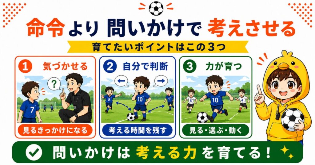 小学生サッカーで命令より問いかけが大切な理由をまとめた図解。気づかせる声かけ、自分で判断する時間、見る・選ぶ・動く力を育てるポイントを紹介。
