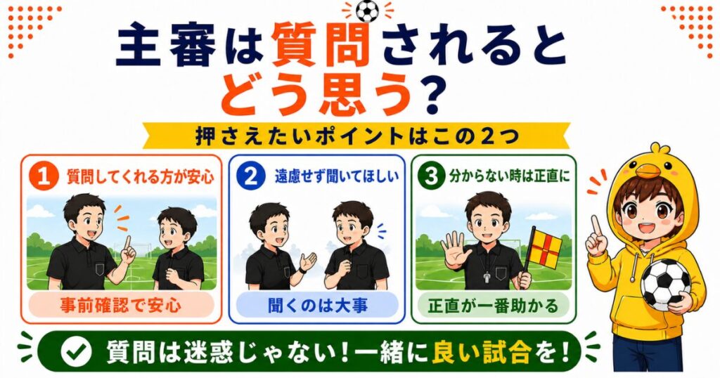 主審は質問されるとどう思う？質問してくれる方が安心、遠慮せず聞いてほしい、分からない時は正直に伝えることが大切と解説した小学生サッカー審判向けH2まとめ画像