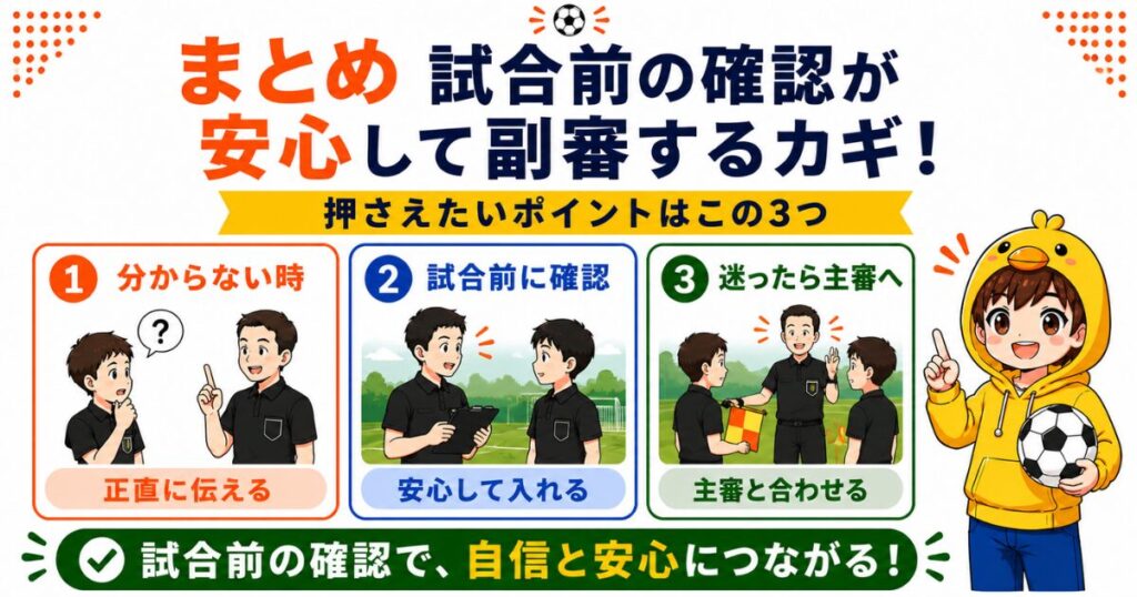 保護者審判向けに、試合前の確認や質問の大切さを3つのポイントでまとめた図解。分からない時は正直に伝える、試合前に確認する、迷ったら主審を見ることが安心して副審を務めるコツであることを解説したH2まとめ画像。
