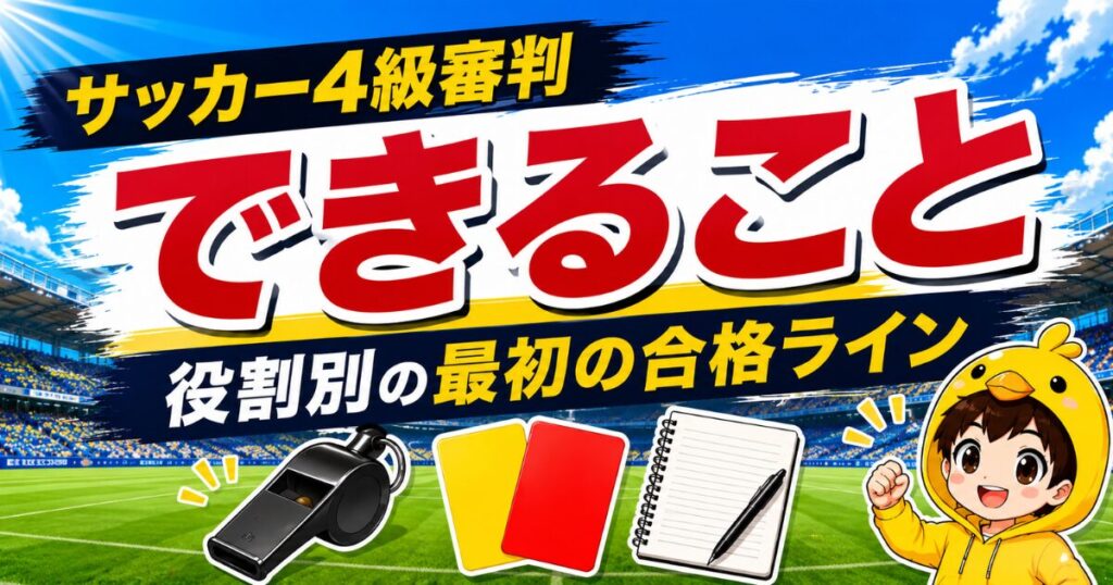 サッカー4級審判でできることを役割別に整理し、最初の合格ラインをわかりやすく解説したアイキャッチ画像