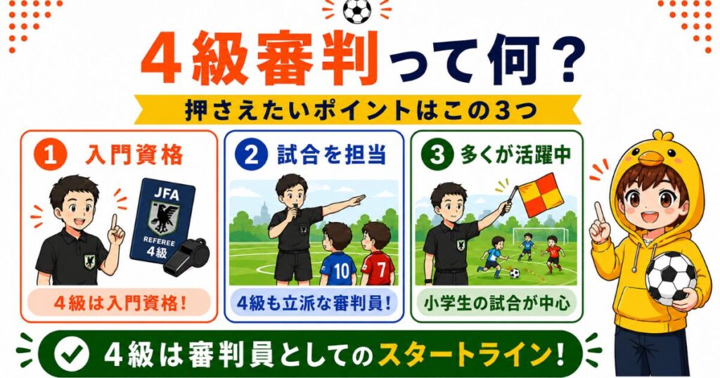 4級審判とは何かをまとめた図解。4級審判はJFA公認の入門資格で、小学生サッカーを中心に試合を担当する審判員であることを、3つのポイントとイラストで分かりやすく紹介しているH2まとめ画像。