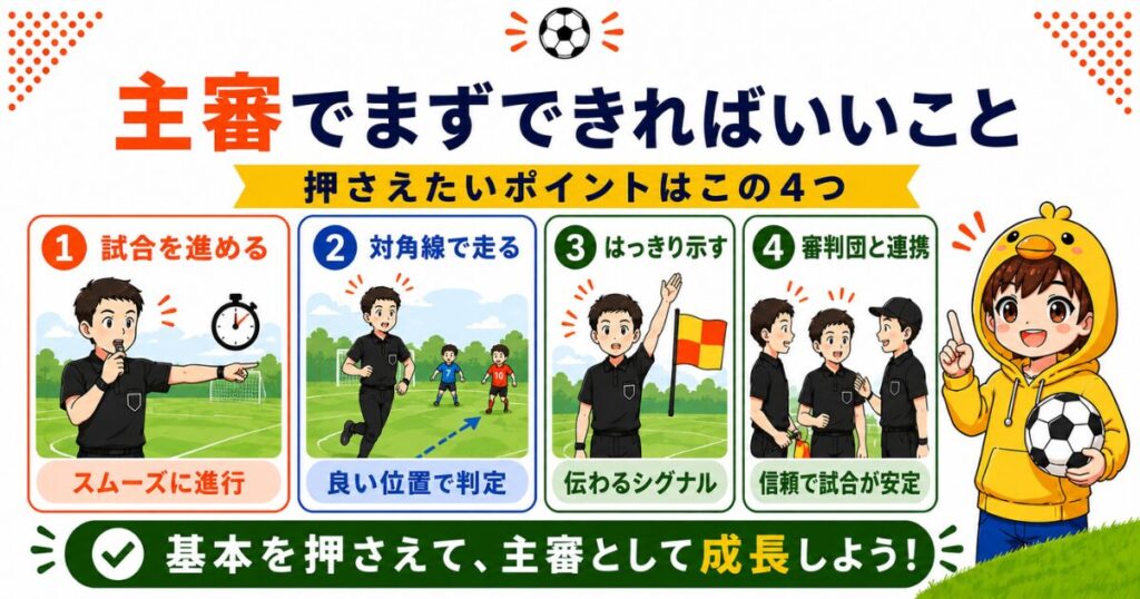 主審でまずできればいいことをまとめた図解。試合を進める、対角線で走る、はっきりシグナルを出す、審判団と連携するという4つの基本をイラスト付きで紹介し、主審として成長するためのポイントを分かりやすく解説したH2画像。