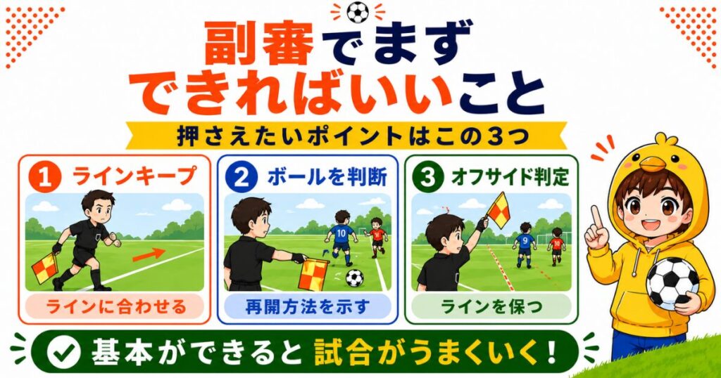 副審でまずできればいいことを3つのポイントで解説した図解。ラインキープ、ボールの判定、オフサイド判定をイラスト付きで分かりやすく紹介し、右側には黄色いパーカー姿のピヨリーニョを配置したH2用画像。
