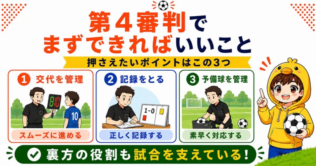第4審判でまずできればいいことをまとめた図解。交代管理・試合記録・予備球管理の3つをイラスト付きで紹介し、試合を裏から支える大切な役割を分かりやすく解説している。