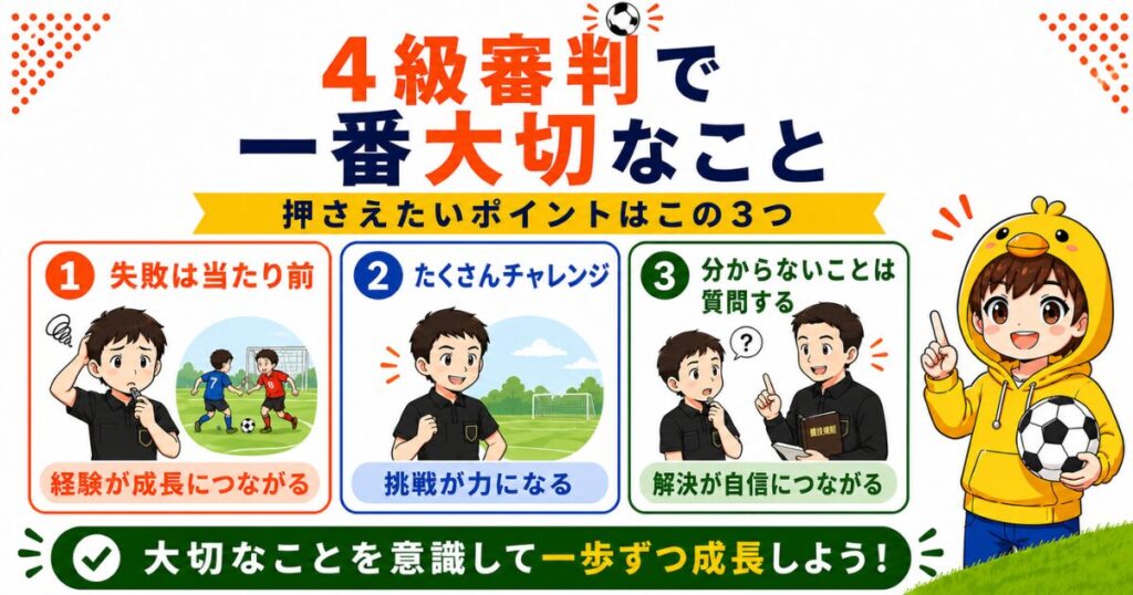 4級審判で一番大切なことをまとめた図解。失敗は当たり前・たくさんチャレンジする・分からないことは質問するの3つを、イラスト付きで分かりやすく解説した小学生サッカー審判向けのH2画像。