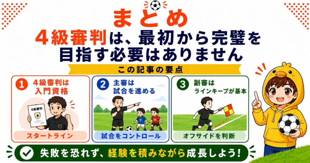 サッカー4級審判の記事まとめ画像。4級審判は最初から完璧を目指さず、入門資格として経験を積みながら成長することが大切と解説。主審は試合を進める役割、副審はラインキープが基本であることをイラスト付きで紹介し、「失敗を恐れず経験を積みながら成長しよう」とまとめている。