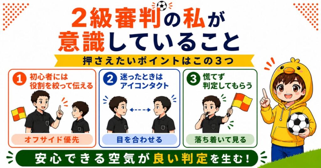 2級審判が試合前の打ち合わせで意識しているポイントをまとめた図解。初心者には役割を絞って伝えること、アイコンタクトで連携すること、慌てず落ち着いて判定できる空気づくりの3つをわかりやすく紹介している。