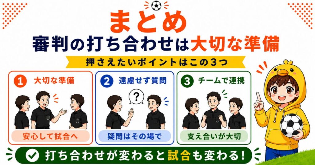 サッカー審判の打ち合わせまとめ。試合前の打ち合わせで大切な3つのポイント(大切な準備・遠慮せず質問・チームで連携)をイラスト付きで分かりやすく解説した図解。