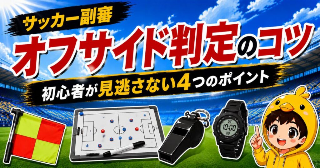 サッカー副審のオフサイド判定で初心者が見逃さない4つのポイントをわかりやすく解説したアイキャッチ画像
