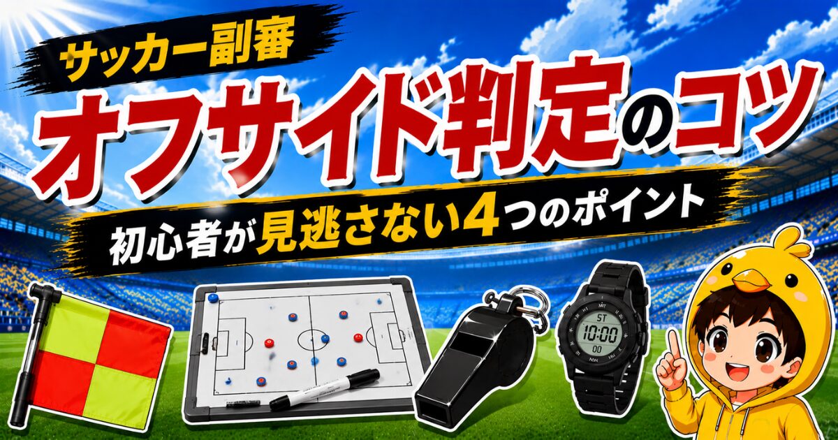 サッカー副審のオフサイド判定で初心者が見逃さない4つのポイントをわかりやすく解説したアイキャッチ画像