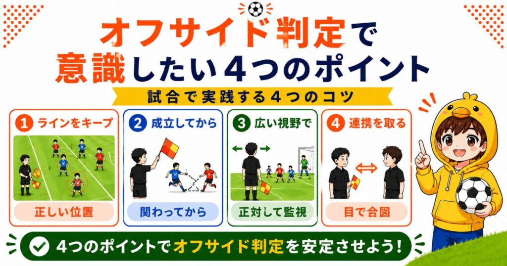 サッカー副審のオフサイド判定で意識したい4つのポイントを図解。後方2人目に合わせてラインをキープすること、オフサイド成立後に旗を上げること、広い視野で正対して監視すること、主審とアイコンタクトで連携することをイラスト付きで分かりやすくまとめた画像。