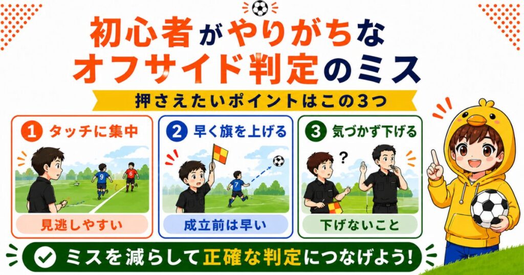 サッカー副審の初心者がやりがちなオフサイド判定のミスを図解。タッチジャッジに集中しすぎて見逃すこと、オフサイド成立前に早く旗を上げること、主審が気づく前に旗を下げてしまうことの3つを、イラスト付きで分かりやすくまとめた画像。
