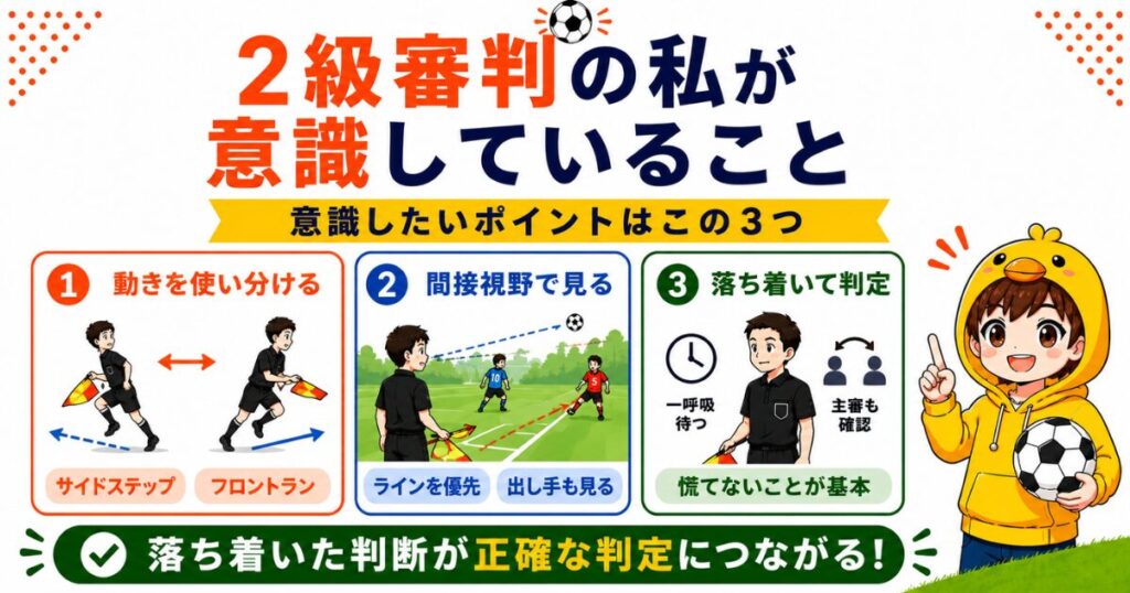 サッカー副審のオフサイド判定で2級審判が意識している3つのポイントをまとめた図解。サイドステップとフロントランの使い分け、間接視野でラインと出し手を確認すること、慌てず冷静に判定する大切さをイラスト付きで分かりやすく解説している。