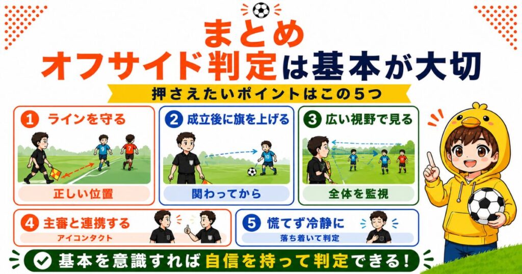 サッカー副審のオフサイド判定で大切な5つのポイントをまとめた図解。ラインキープ、成立後に旗を上げる、広い視野で見る、主審と連携する、慌てず冷静に判定するコツをイラスト付きで解説。