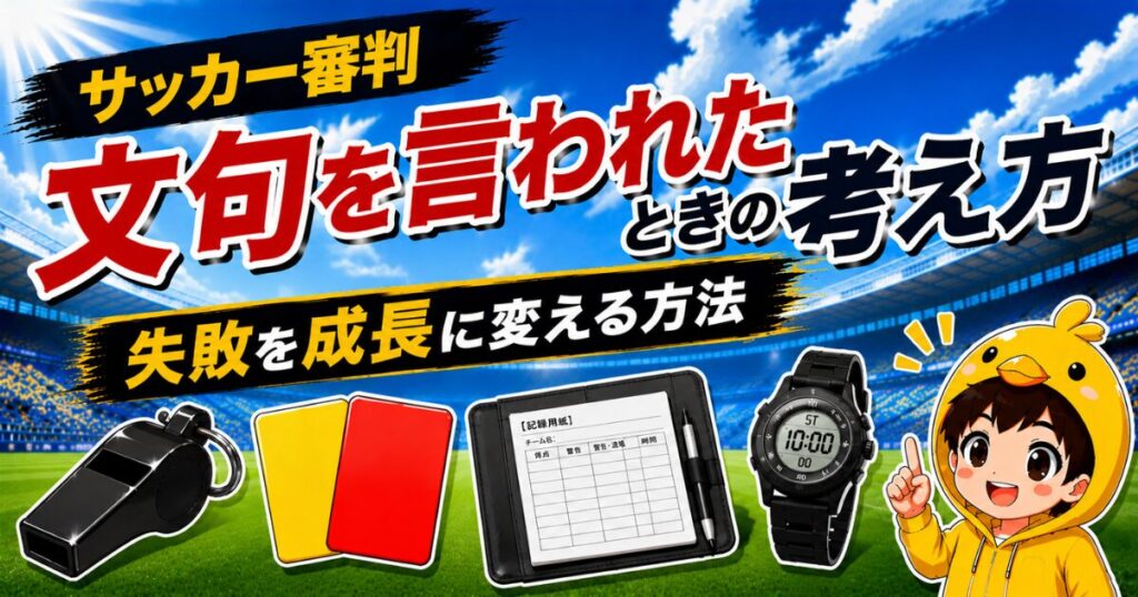 サッカー審判が文句を言われたときの考え方や、失敗を成長につなげる方法を2級審判の経験をもとに解説したアイキャッチ画像