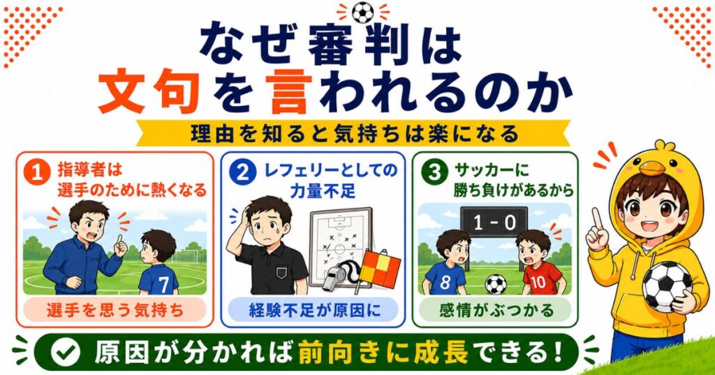 サッカー審判が文句を言われる理由を3つに整理した図解。指導者は選手のために熱くなること、レフェリーとしての経験不足、サッカーは勝ち負けで感情が動くスポーツであることをイラスト付きで分かりやすく解説している。