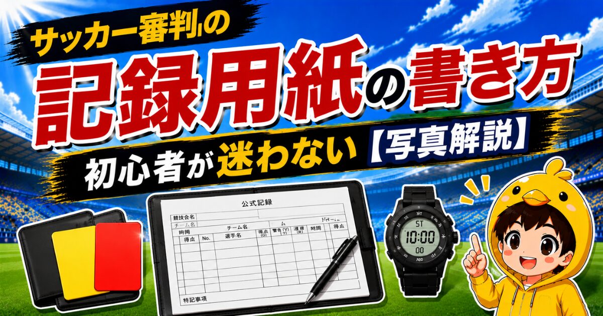 サッカー審判の記録用紙の書き方を、初心者でも迷わないよう写真付きでわかりやすく解説したアイキャッチ画像