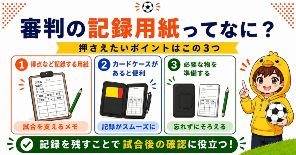 サッカー審判の記録用紙について解説した図解。記録用紙は得点や警告など試合中の出来事を記録するためのメモであること、カードケースを使うと記録しやすくなること、記録用紙・カードケース・鉛筆を準備することの3つをイラスト付きで紹介。最後に「記録を残すことで試合後の確認に役立つ」とまとめている。