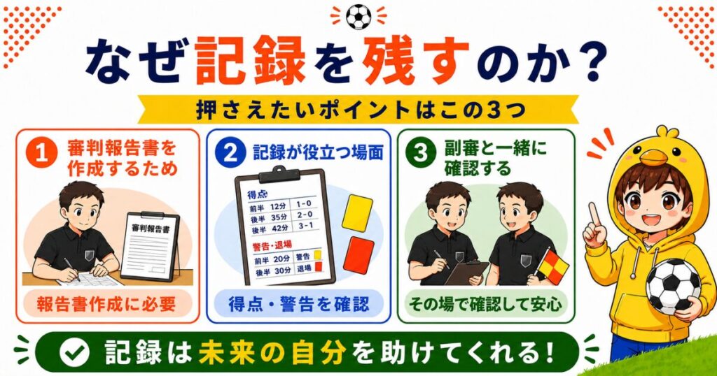 サッカー審判が記録を残す理由をまとめた図解。審判報告書の作成、得点や警告・退場の確認、副審との記録確認の大切さを3つのポイントで解説し、「記録は未来の自分を助けてくれる」と伝えているH2用画像。