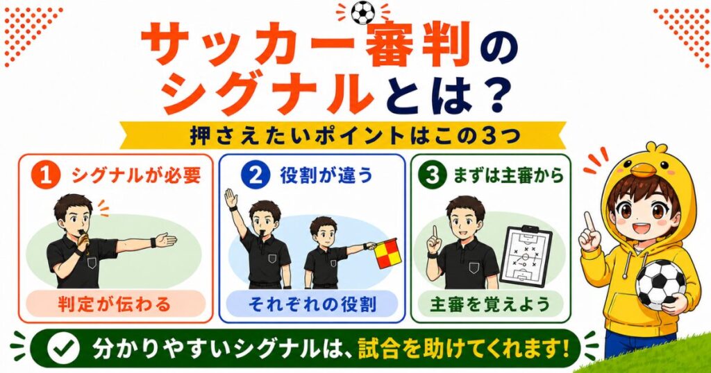 サッカー審判のシグナルとは?シグナルが必要な理由や主審・副審の役割の違いを3つのポイントで分かりやすくまとめた解説画像