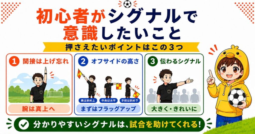 初心者がシグナルで意識したい3つのポイントを解説したサッカー審判向けH2画像。間接フリーキックの腕の上げ方、オフサイドの旗の高さ、見やすく伝わるシグナルの重要性をイラスト付きで分かりやすく紹介。