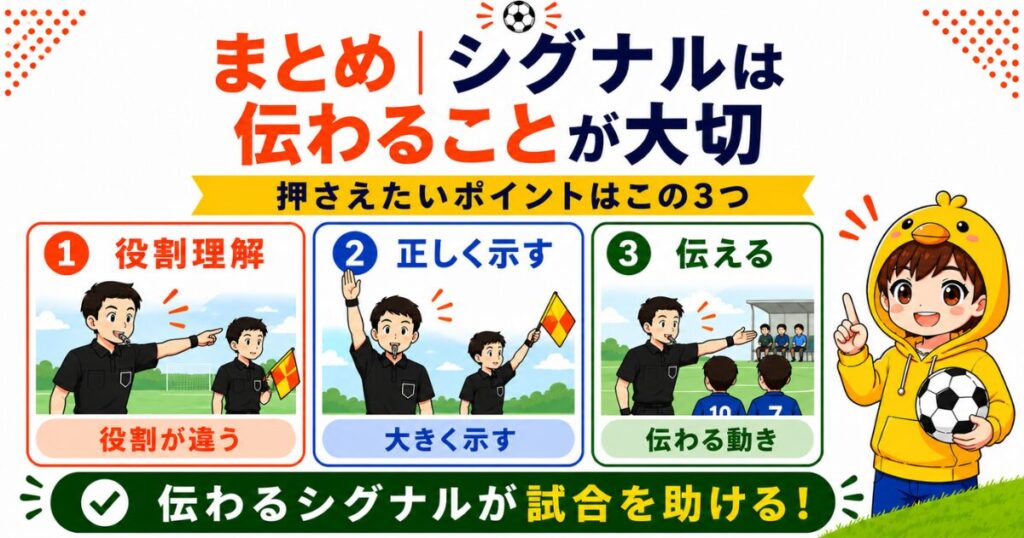 サッカー審判のシグナルのポイントをまとめた図解。役割を理解する・正しく大きく示す・相手に伝わるシグナルの3つを、主審と副審のイラスト付きで分かりやすく解説している。
