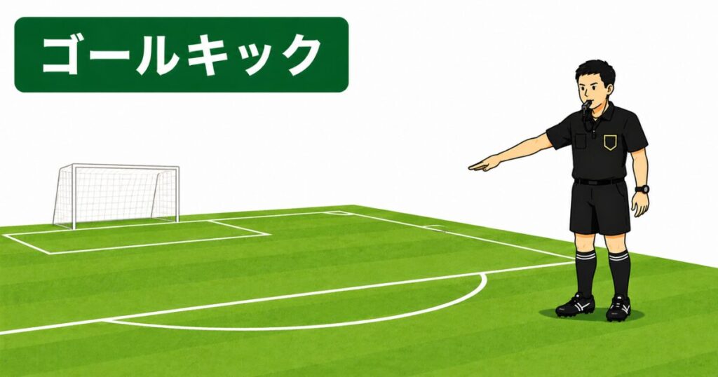 サッカー主審のゴールキックのシグナル。ペナルティエリアの外からゴールエリア方向へ腕を少し下げて示す主審のジェスチャーをイラストで解説。
